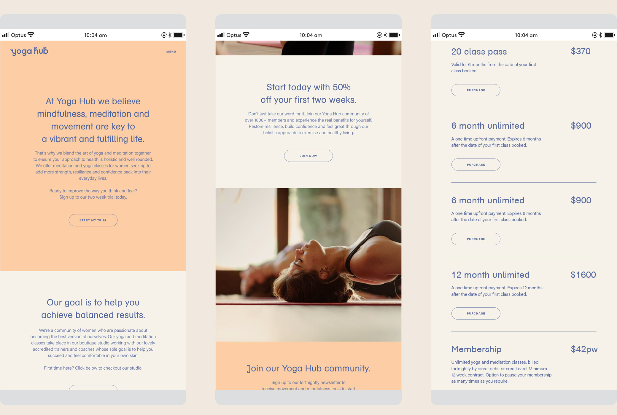 Yoga Hub web design mobile